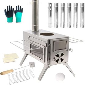 Fitinhot Camp Wood Stove, Tent Wood Burning Stoves Portable with Chimney Pipes, Upgraded Titanium Surface Camping Stove, (Color: Silver)