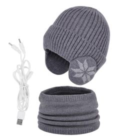 2 in 1 Winter Knitted Cap Neck Warmer USB Heated Beanie Hat Scarf Outdoor Cold Weather Rechargeable Heated Knitting Beanies (Color: Gray)