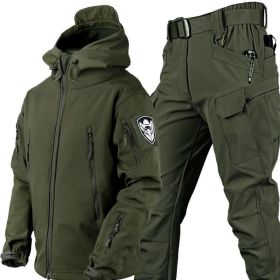 Outdoor Shark Skin Warmth Jackets Pants Set Men Tactical Camo Autumn Winter Thickened Coat Soft Shell Large Size Jacket (Color: Green, size: 4XL)