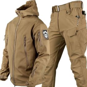 Outdoor Shark Skin Warmth Jackets Pants Set Men Tactical Camo Autumn Winter Thickened Coat Soft Shell Large Size Jacket (Color: Brown, size: XXXL)