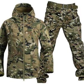 Outdoor Shark Skin Warmth Jackets Pants Set Men Tactical Camo Autumn Winter Thickened Coat Soft Shell Large Size Jacket (Color: CP, size: XXXL)