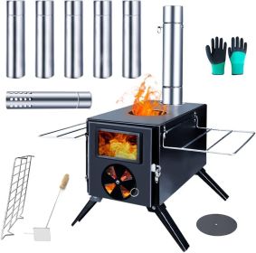 Fitinhot Camp Wood Stove, Tent Wood Burning Stoves Portable with Chimney Pipes, Upgraded Titanium Surface Camping Stove, (Color: Black)