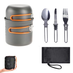 5Pcs Camping Cookware Mess Kit with Lightweight Aluminum Pot Bowl Forks Spoons Knives and Carry Mesh Bag for Outdoor Camping Hiking and Picnic (Color: orange)